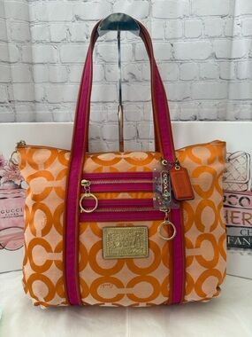 Coach Poppy Orange Pink Op Art Glam Shoulder Tote Bag 13826